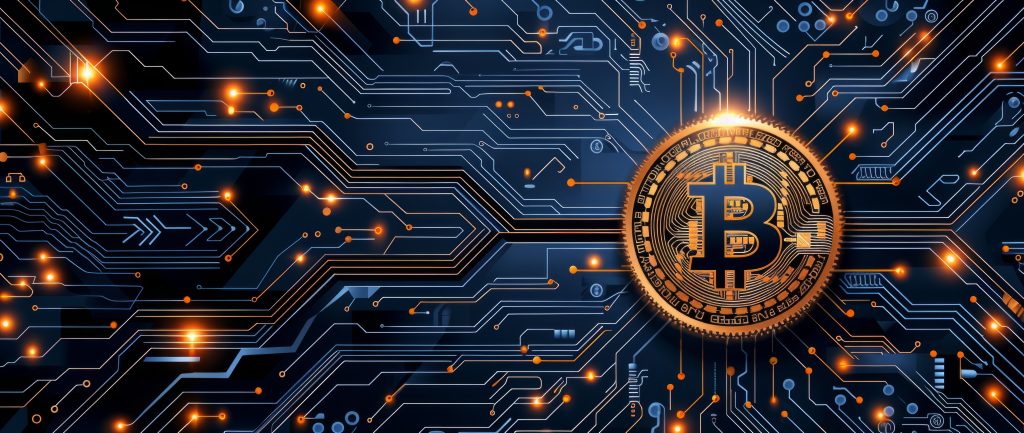 Bitcoin surrounded by circuit patterns. AI and Quantum Safety in Blockchain File Security.