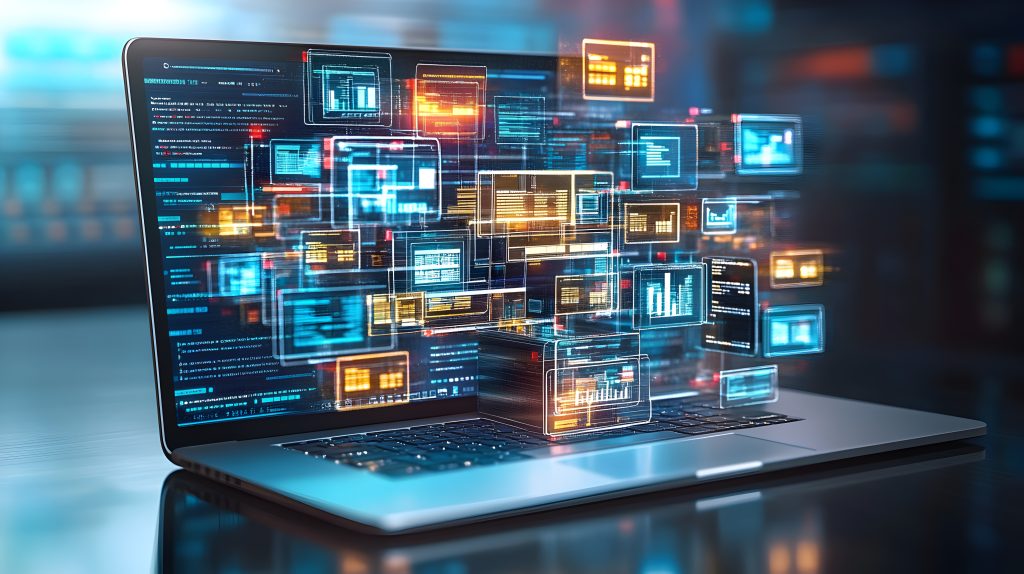 Laptop displaying floating data visuals. Blockchain File Security with TimeBinder.