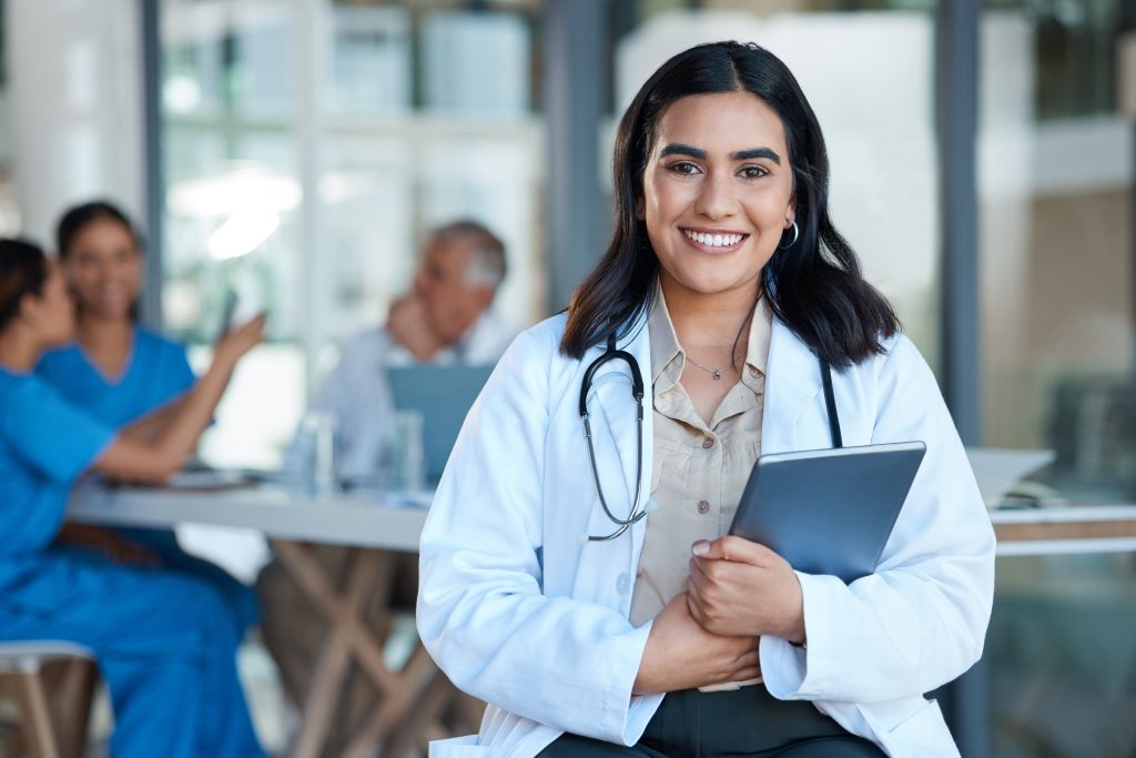 Blockchain medical record timestamping with a doctor smiling.