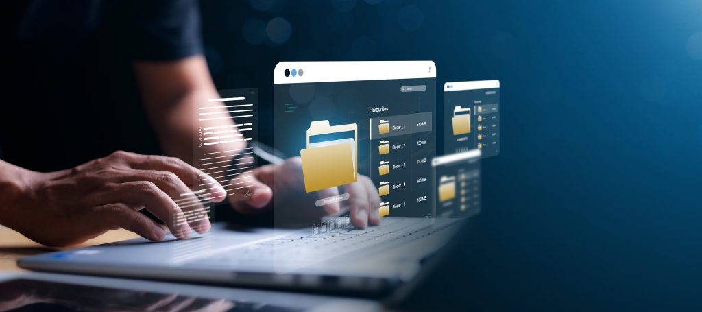 Person interacting with digital folders. Blockchain File Security with TimeBinder.