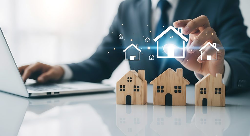 Person interacting with digital house icons. Real Estate Document Verification with TimeBinder.