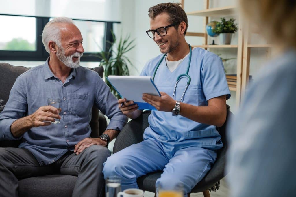 Doctor verifying blockchain timestamped post-operative record.