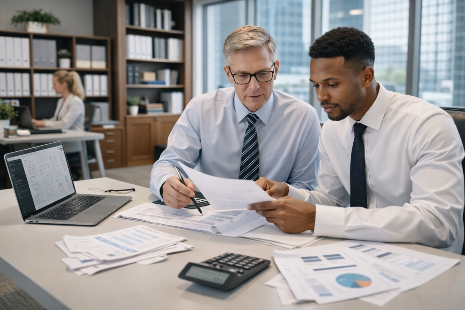 Accountants reviewing financial statements, representing blockchain timestamp verification and audit record protection with TimeBinder.