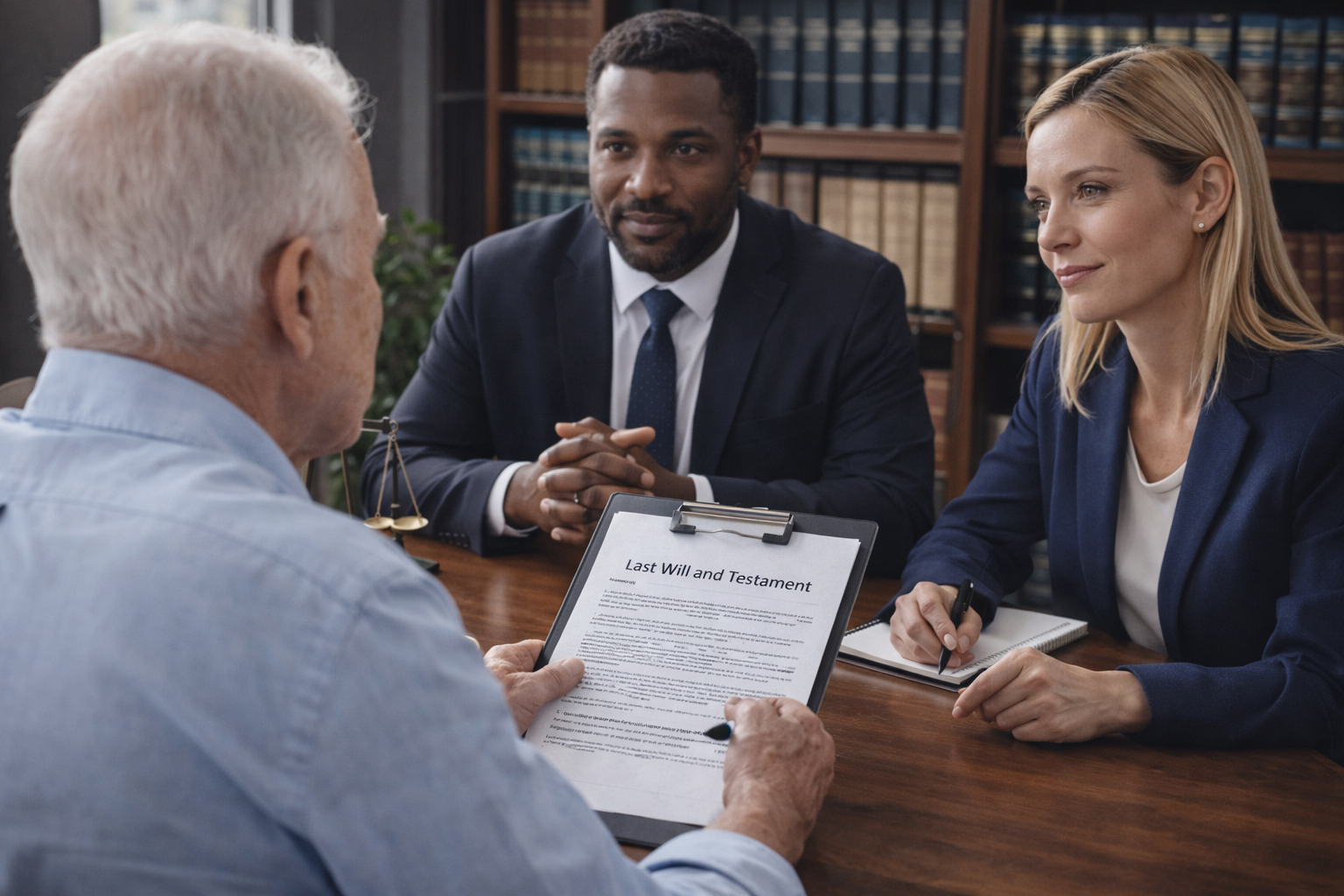 An elderly man reviews and signs a “Last Will and Testament” document at a desk while two lawyers sit across from him in a professional office. Law books line the shelves behind them, illustrating estate planning supported by legal advice and secure documentation practices.
