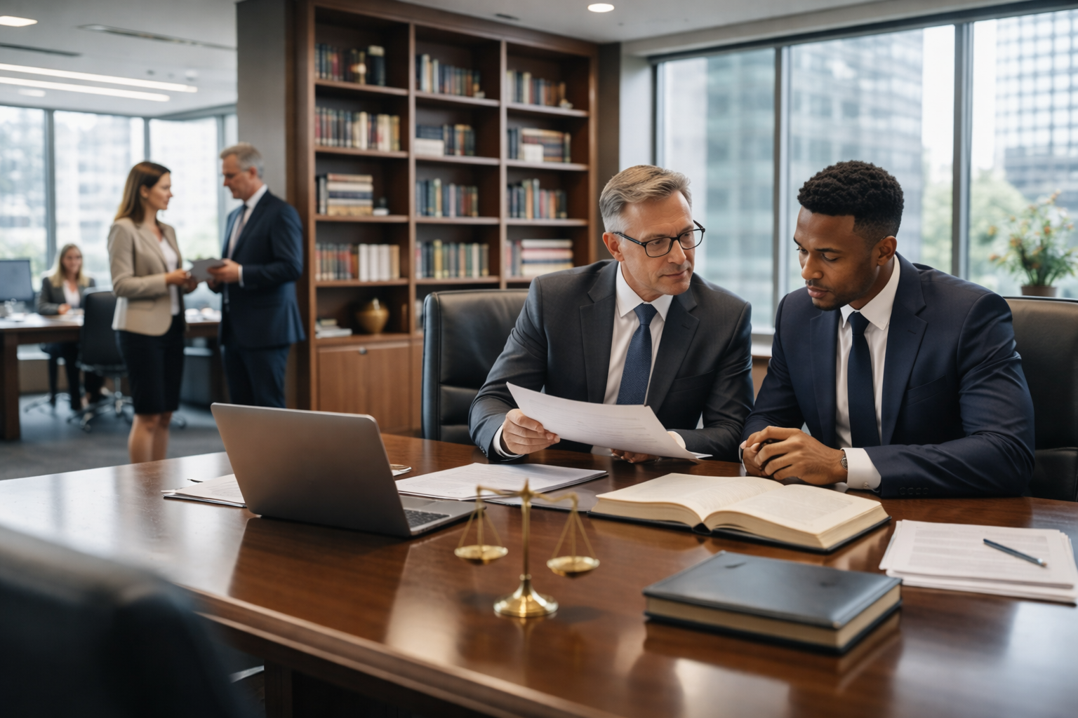 Corporate law firm reviewing contracts, representing blockchain timestamp protection of legal documents with TimeBinder.