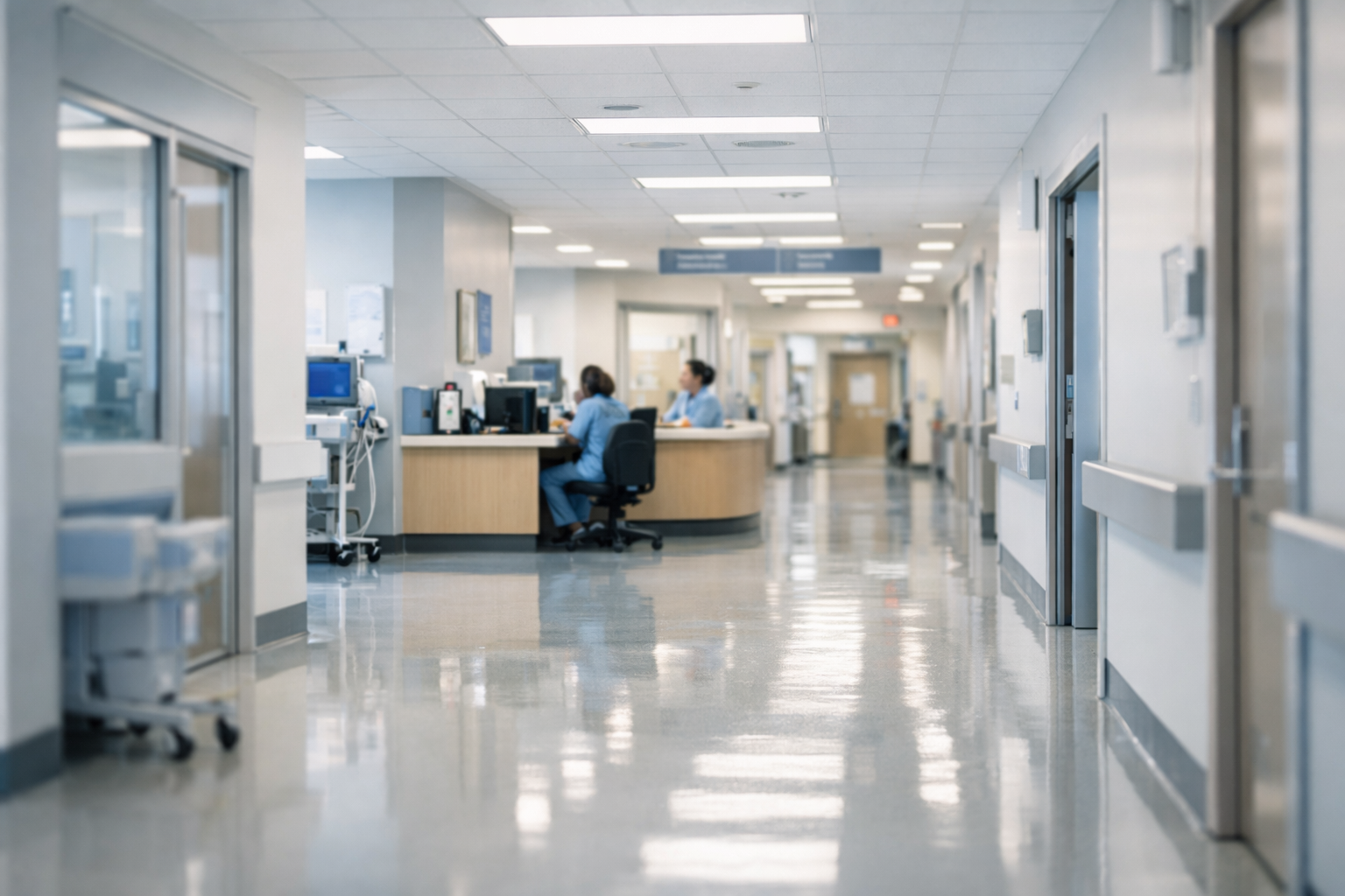 Modern hospital corridor symbolising secure medical record verification using blockchain timestamping with TimeBinder.