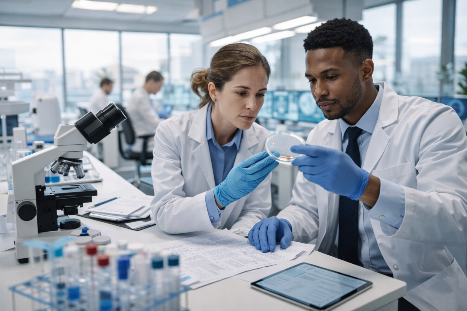 Medical researchers analysing lab samples, representing blockchain timestamp verification and protection of scientific research data with TimeBinder.