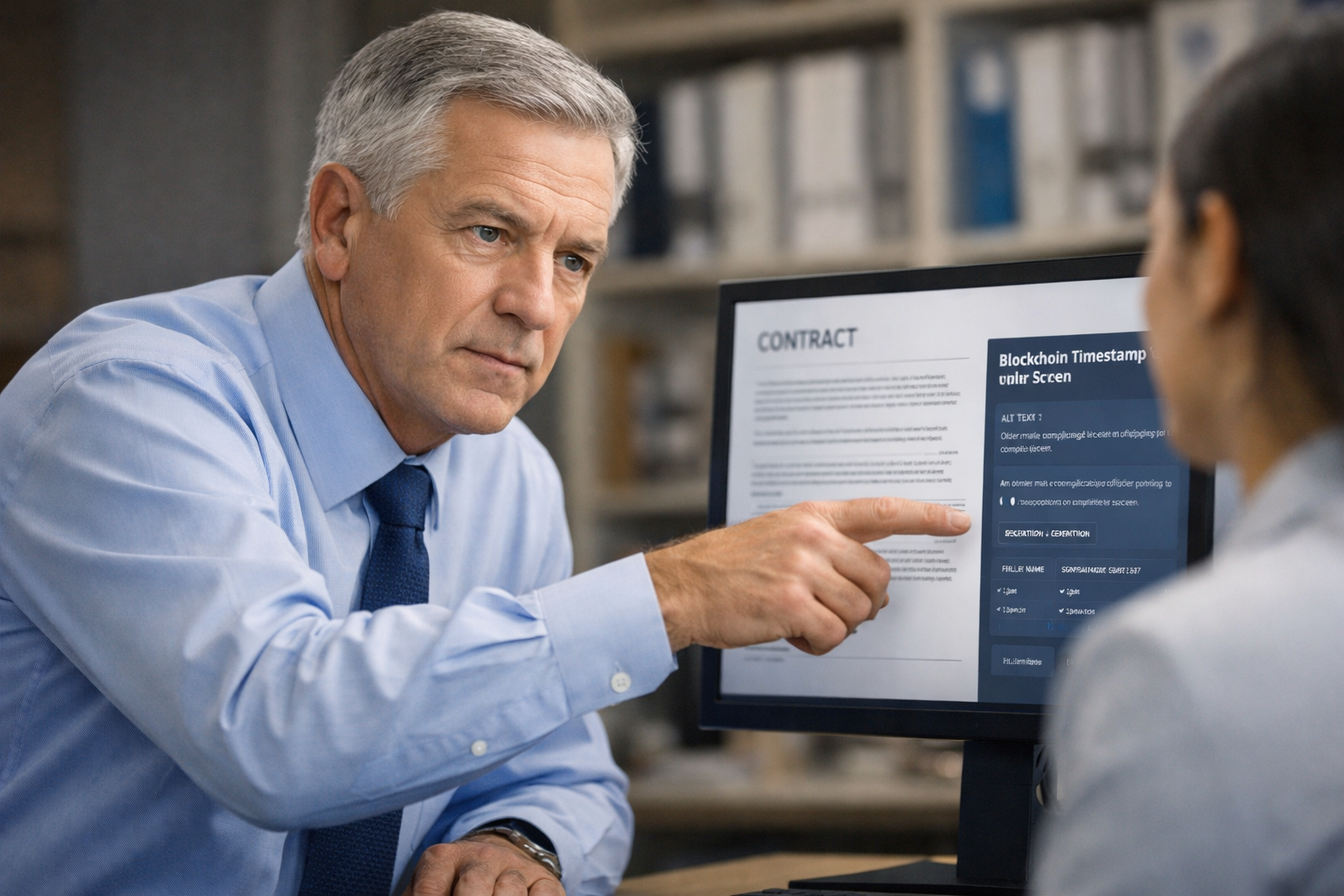 Senior male compliance officer pointing at a screen verifying a blockchain timestamp on a contract during an office review