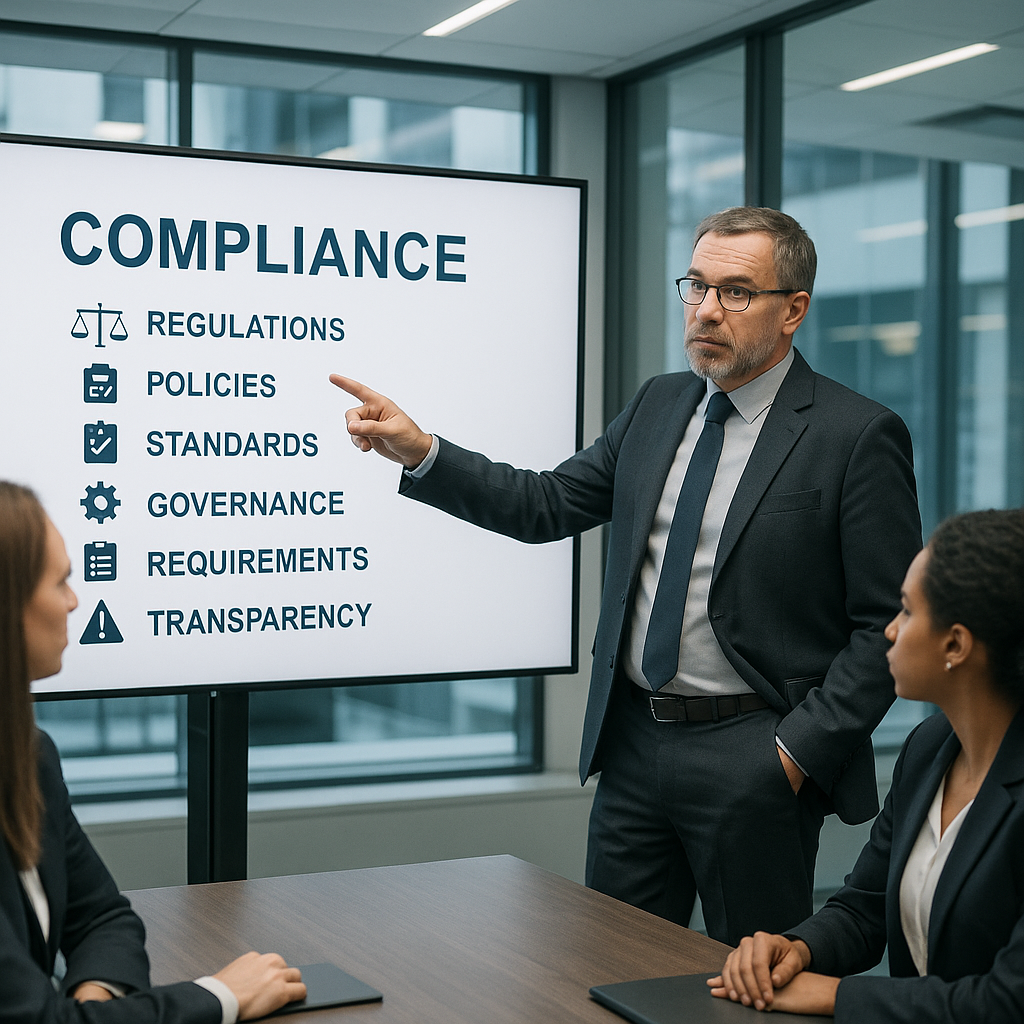 Middle-aged male compliance officer presenting blockchain timestamp evidence in boardroom