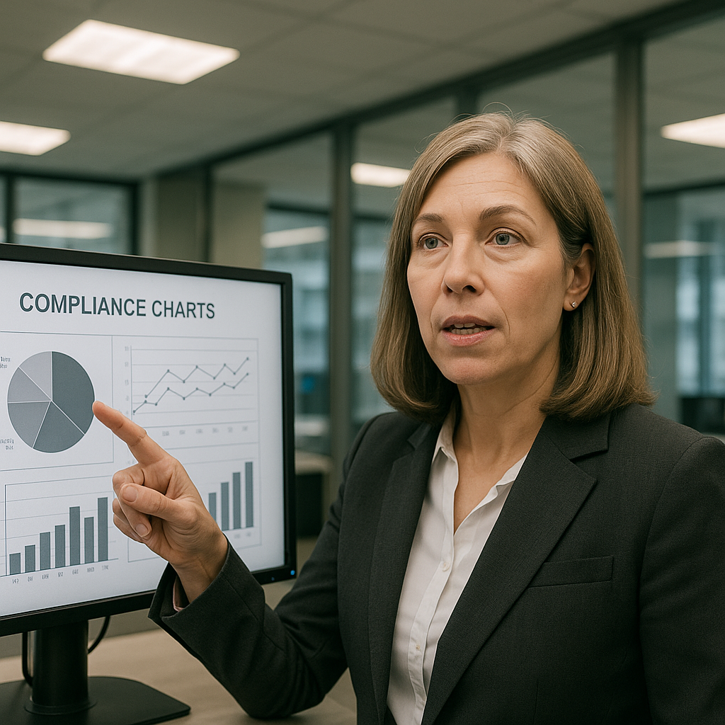 Middle-aged female executive explaining compliance report findings in finance office