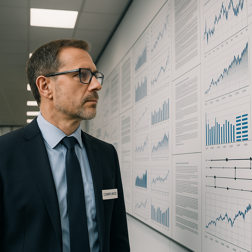 Middle-aged male compliance officer reviewing document timeline on large office display