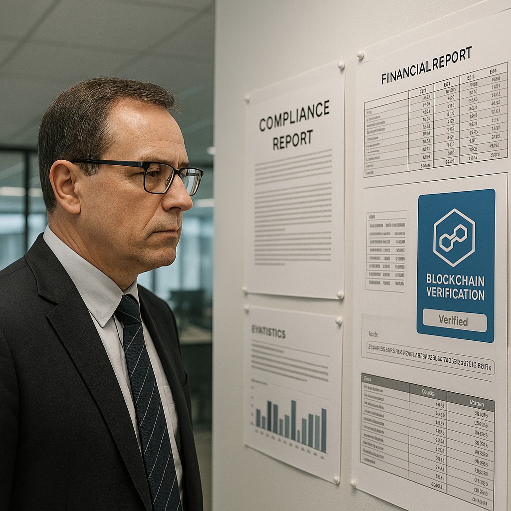 Middle-aged male compliance officer reviewing blockchain-verified trade confirmation on wall display