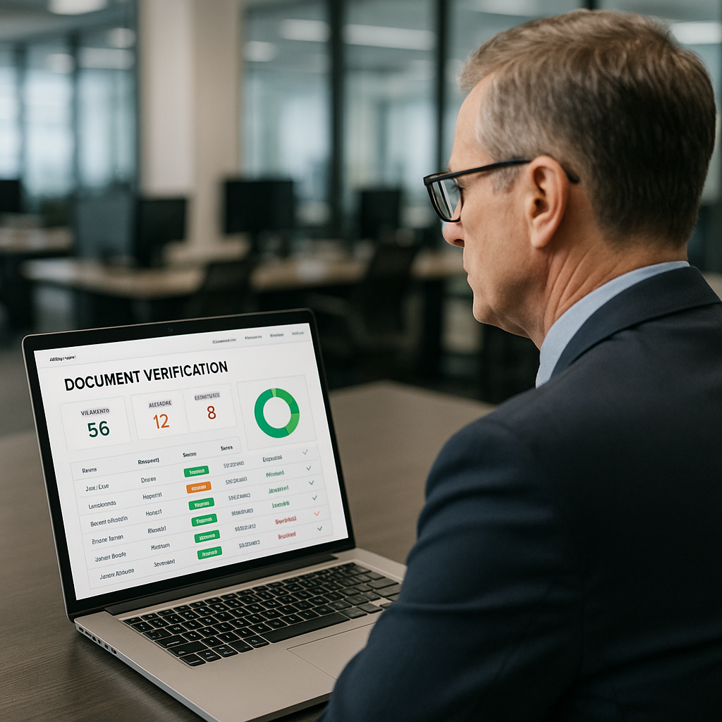 Compliance officer reviewing blockchain-based financial document verification on laptop