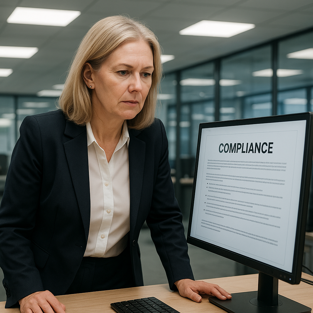 Middle-aged female executive reviewing compliance documents on office monitor