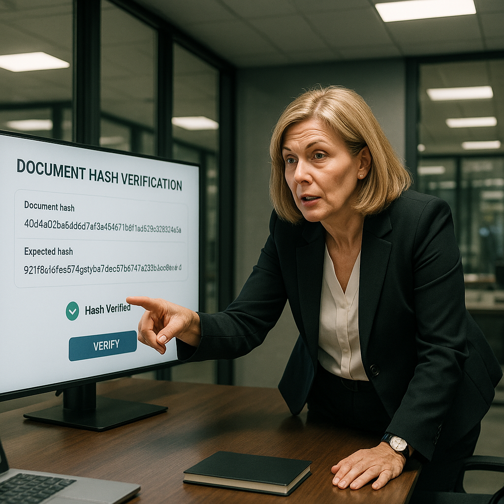 Middle-aged female finance executive reviewing blockchain document verification on office screen