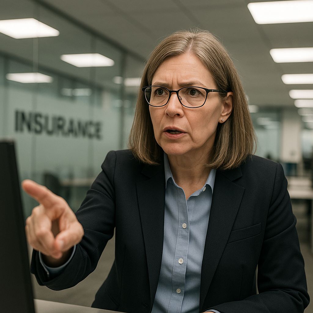 Middle-aged female insurance executive pointing at screen during compliance discussion