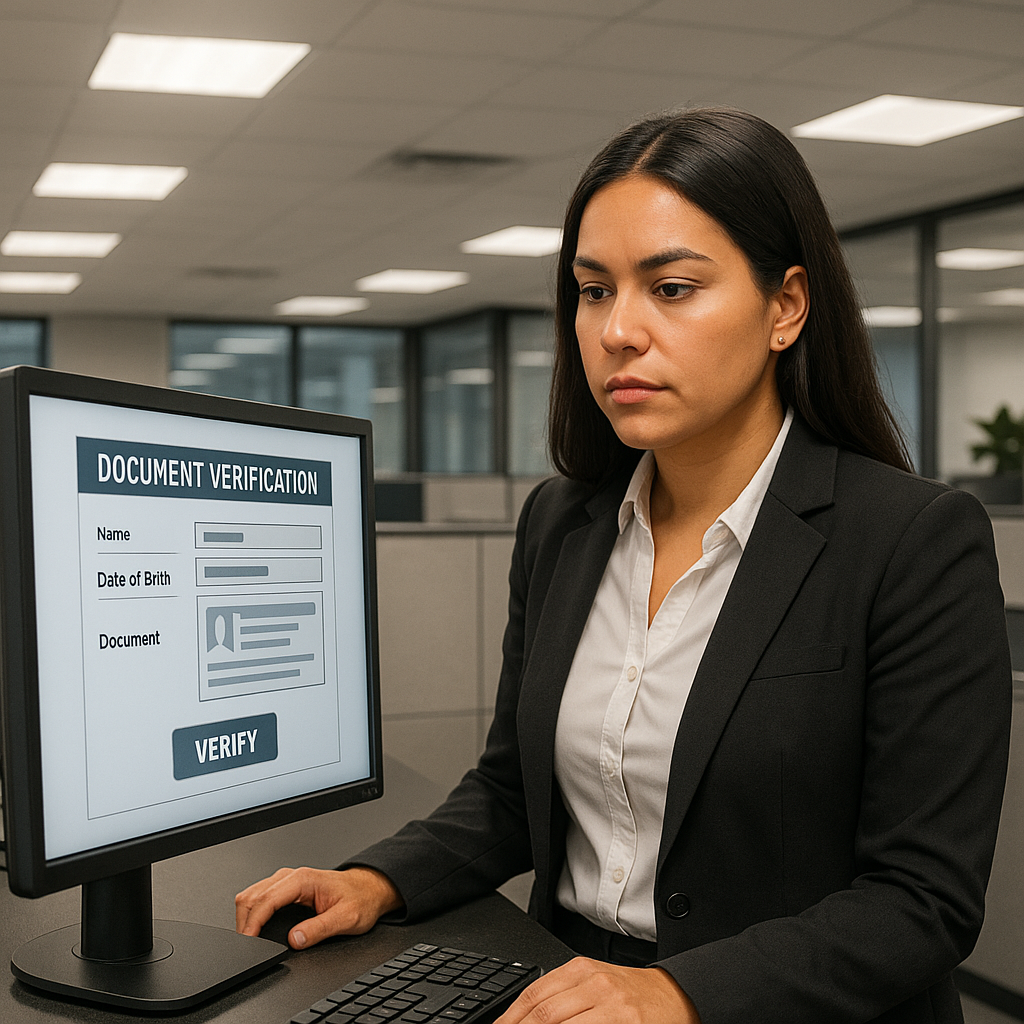Latina compliance specialist reviewing document verification results on office monitor