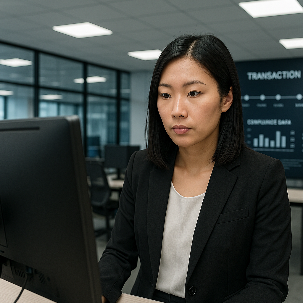 Female financial professional reviewing disputed trade timeline on office monitor