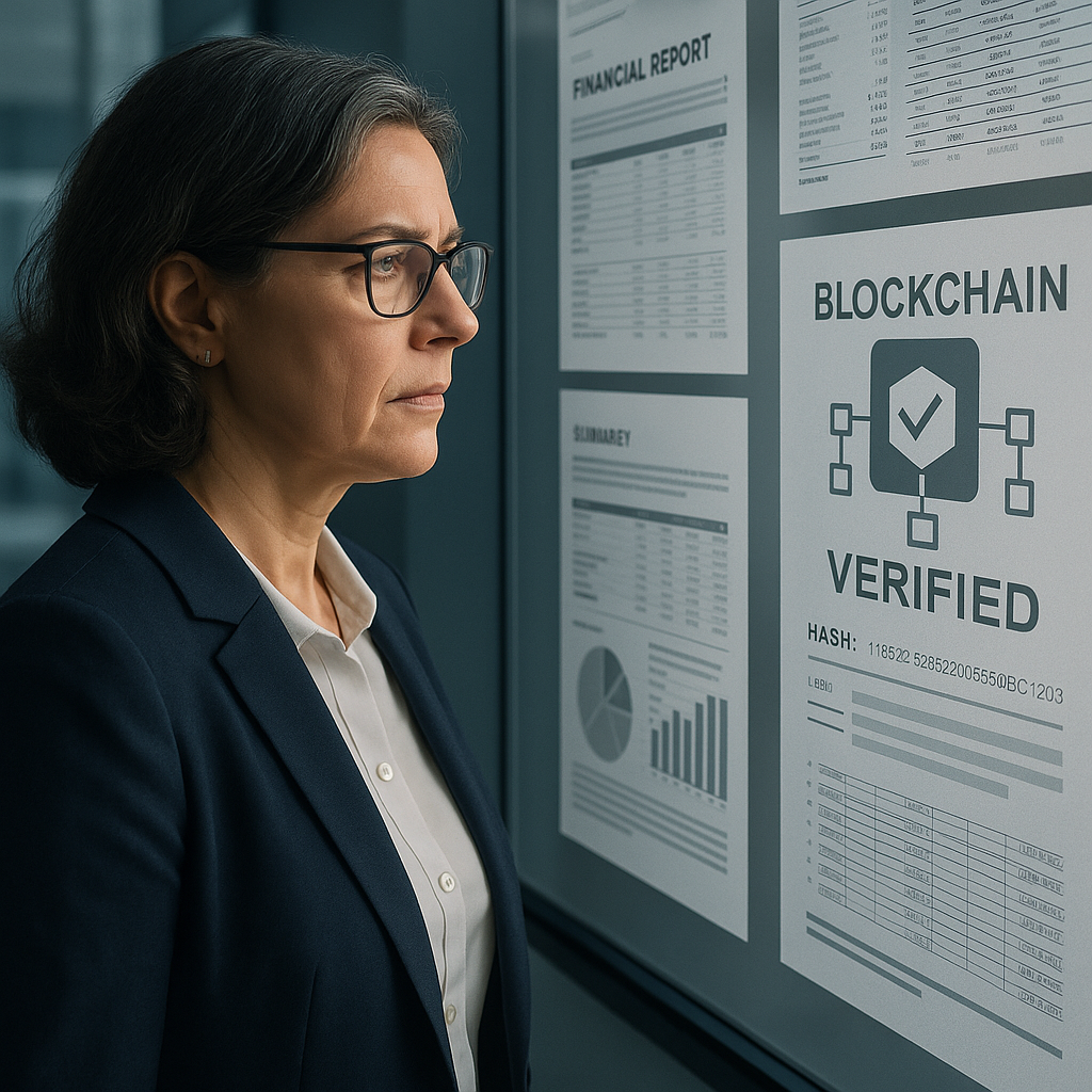 Middle-aged female executive reviewing blockchain-verified financial documents on wall display