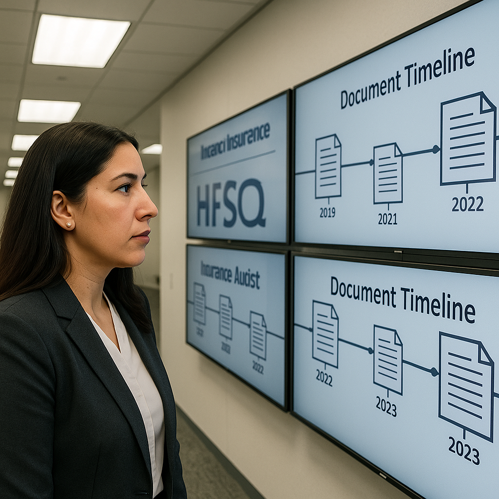 Latina compliance specialist reviewing policy timeline on large office display