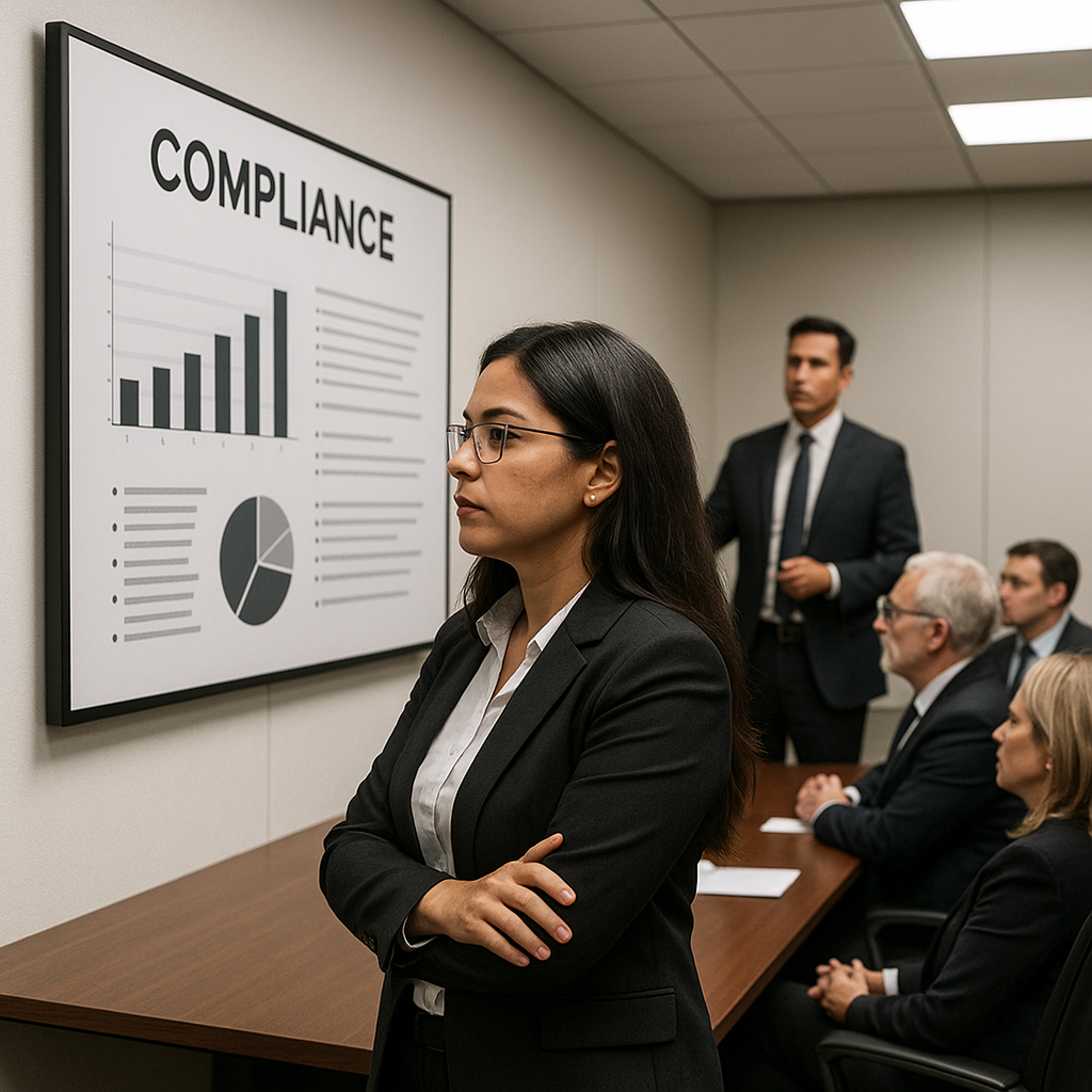 Latina compliance specialist presenting insurance document timeline in boardroom