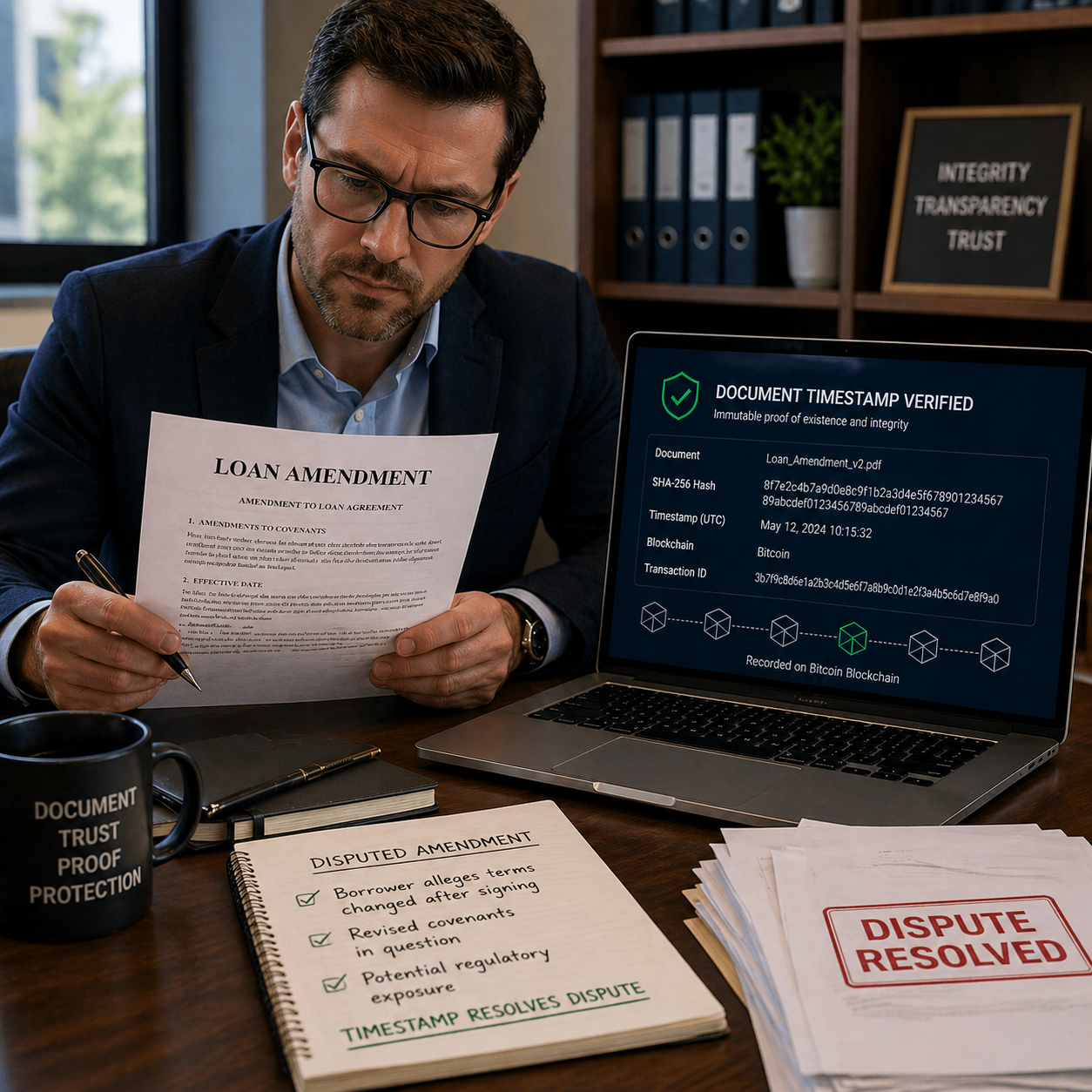 Professional reviewing loan amendment document with blockchain timestamp verification on laptop, illustrating dispute over alleged post-signing changes to loan terms