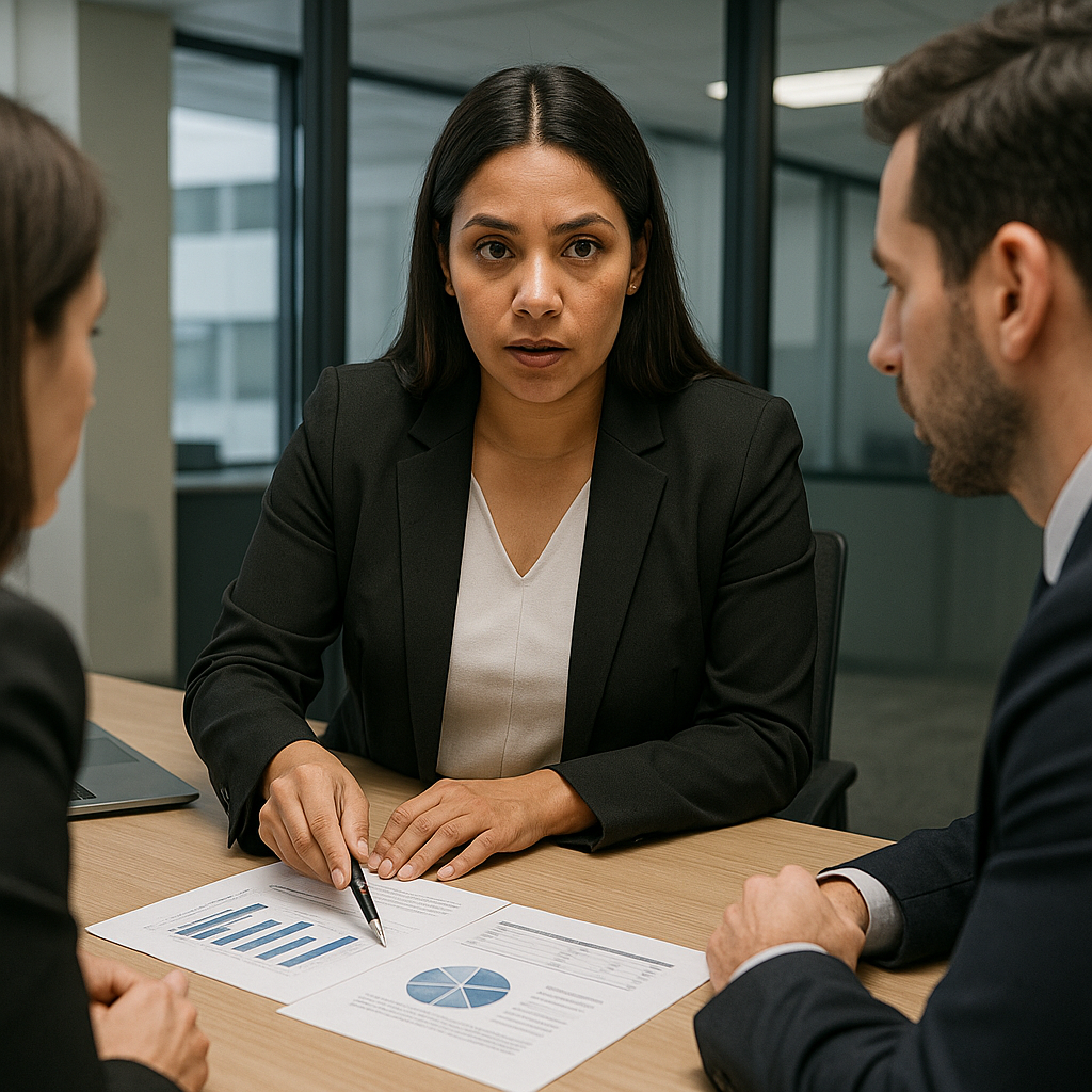 Latina compliance specialist presenting financial compliance documents to colleagues in office