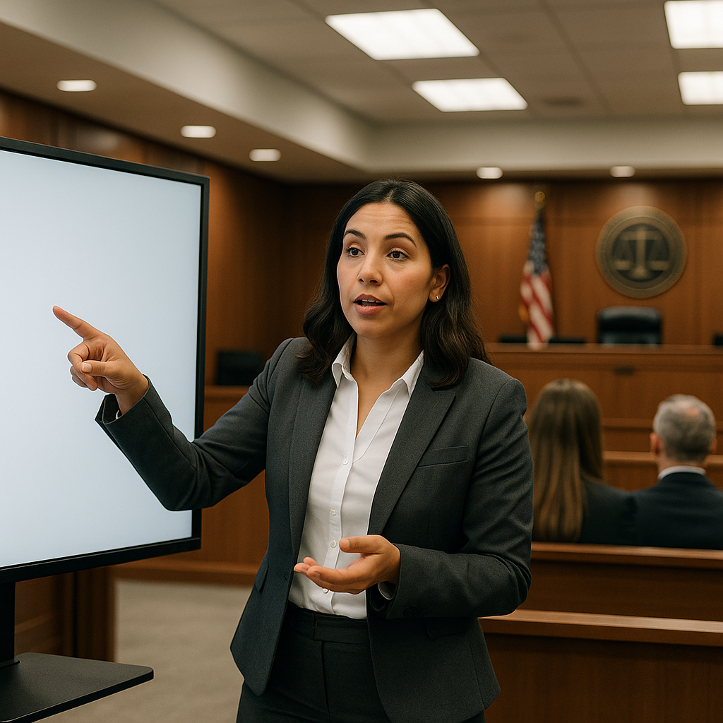 Latina compliance specialist presenting blockchain timestamp evidence in courtroom