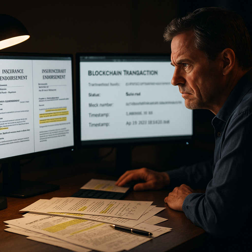 Compliance officer comparing insurance policy documents with blockchain timestamp record on dual monitors