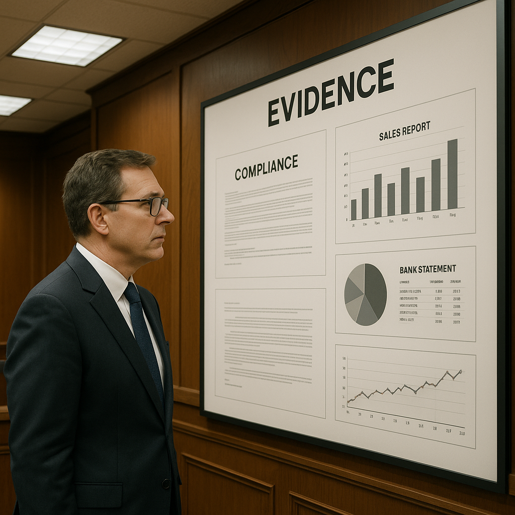 Middle-aged male compliance officer presenting timestamp evidence in courtroom