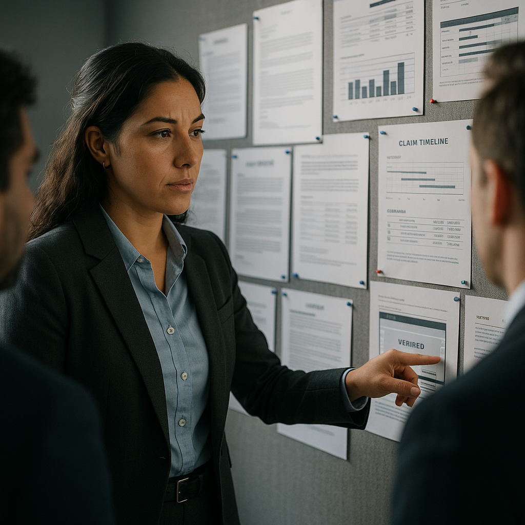Latina compliance specialist reviewing claim timeline documents during insurance dispute presentation