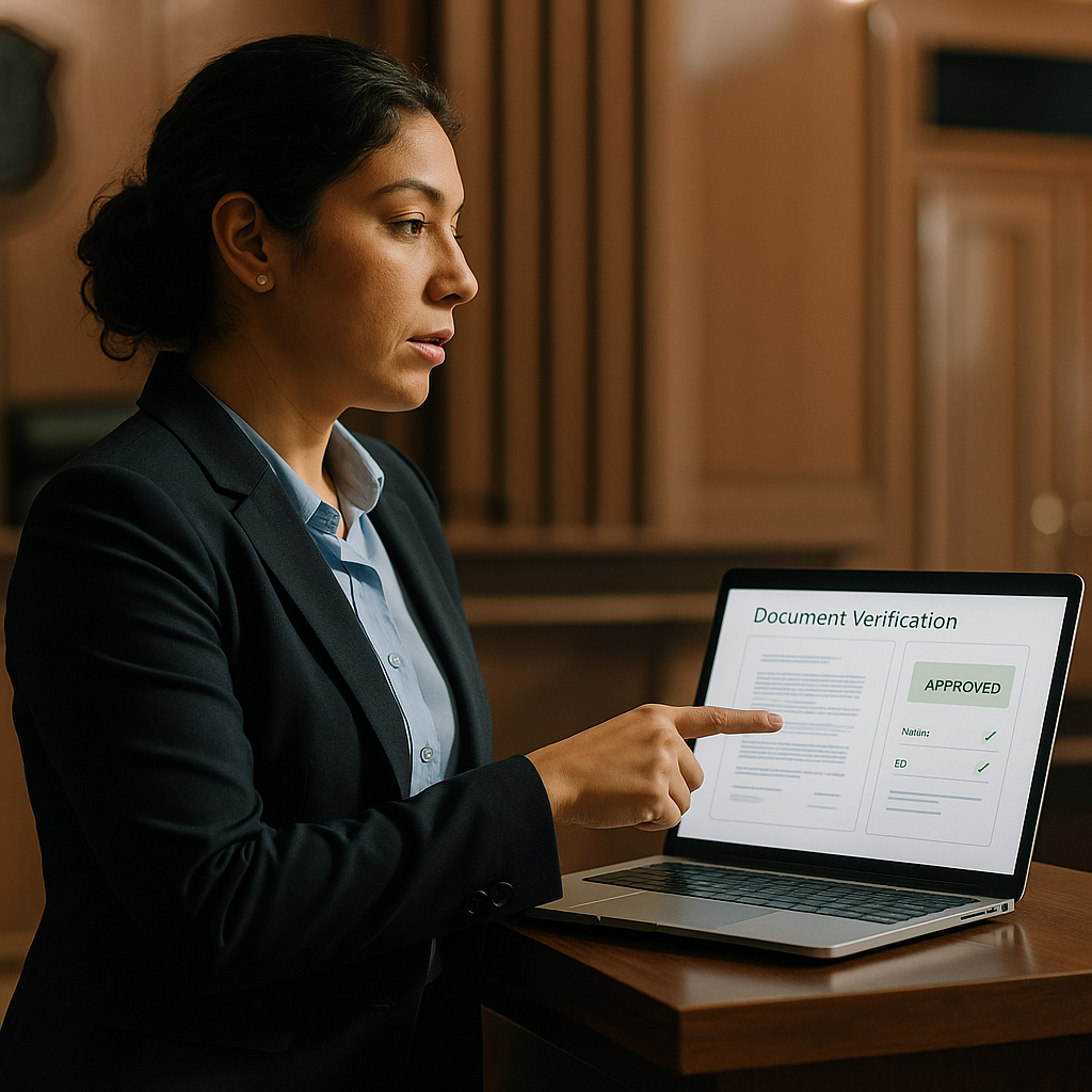Latina compliance specialist presenting blockchain timestamp evidence in courtroom