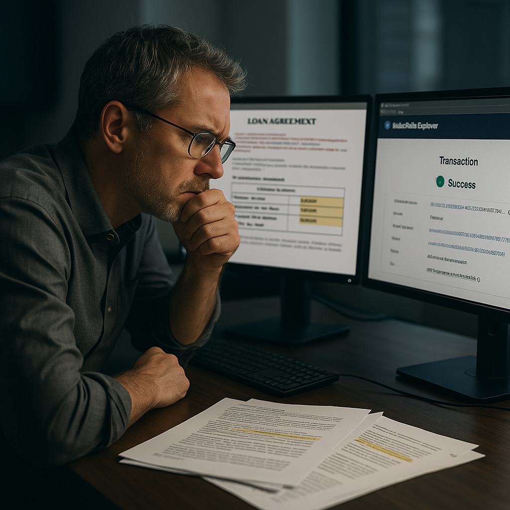 Financial analyst reviewing conflicting loan agreement versions with blockchain verification on dual monitors