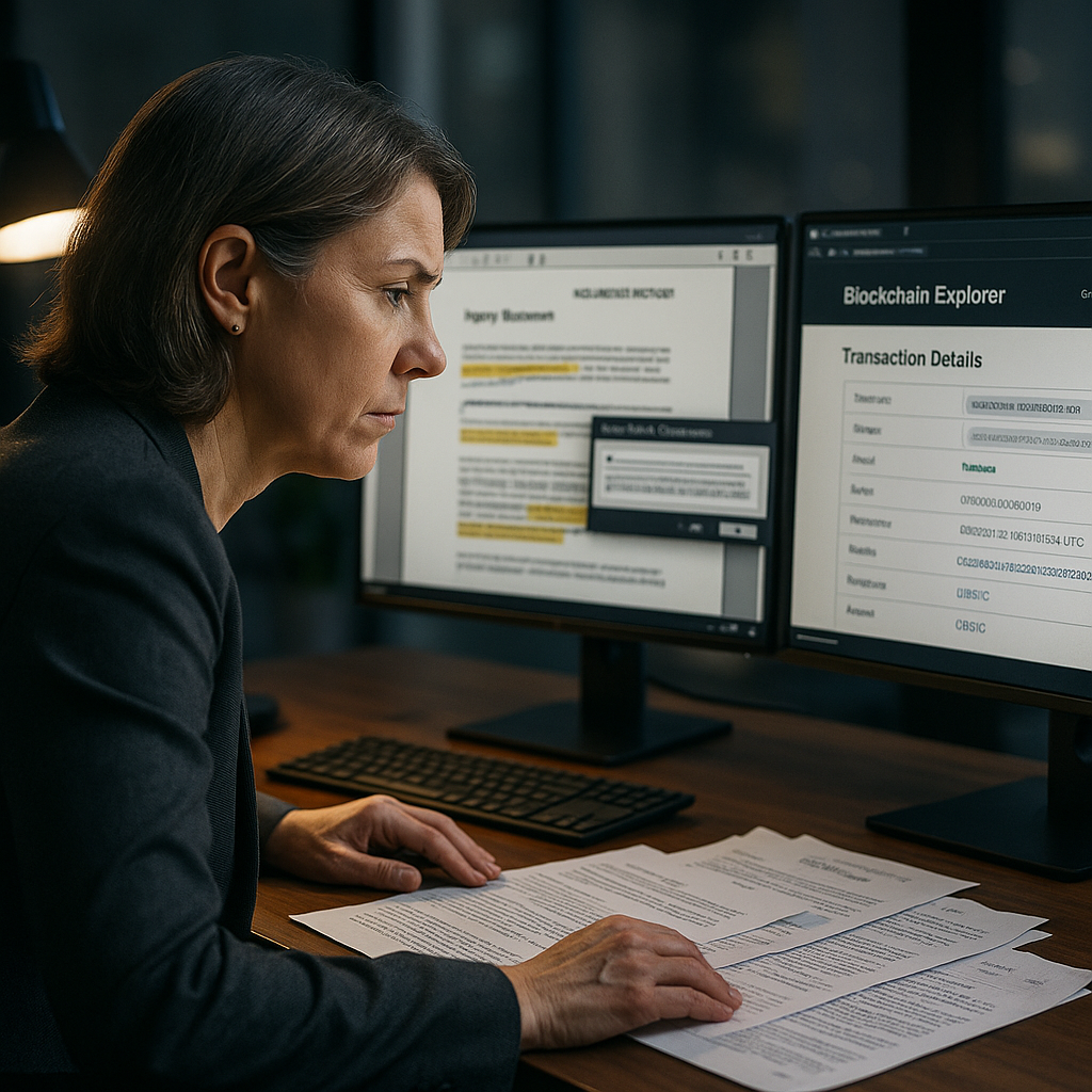 Compliance officer verifying insurance claim document hash against blockchain record
