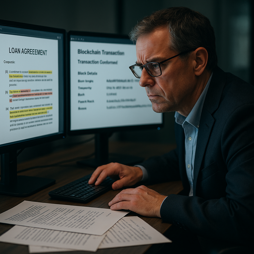 Compliance officer reviewing conflicting loan documents and blockchain record on dual monitors