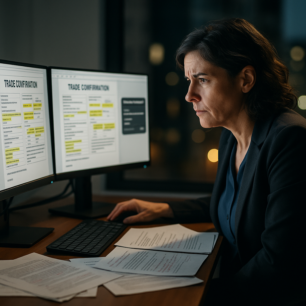 Compliance officer reviewing conflicting trade confirmation documents with blockchain record on screen