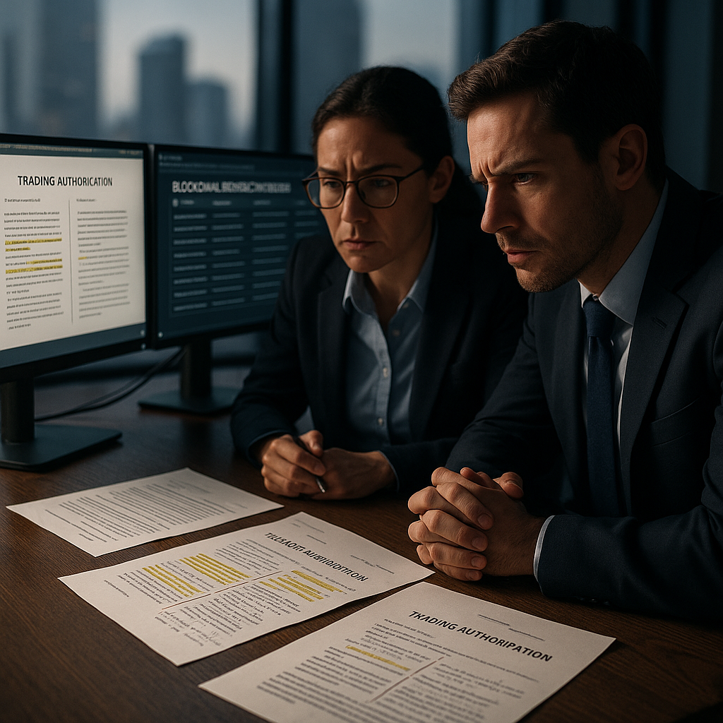 Compliance officer and analyst reviewing conflicting trading authorization documents on dual monitors.