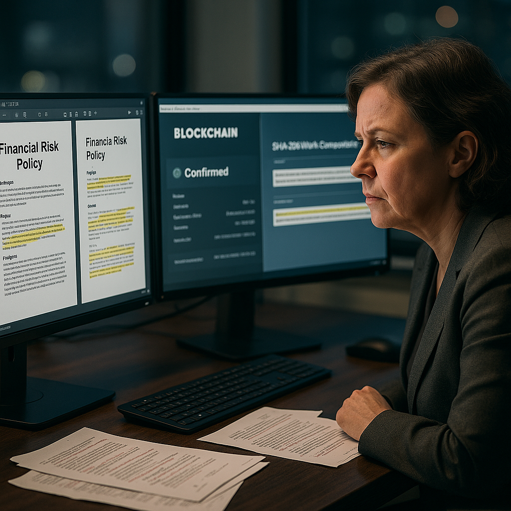 Compliance officer comparing risk policy documents with blockchain verification on dual monitors