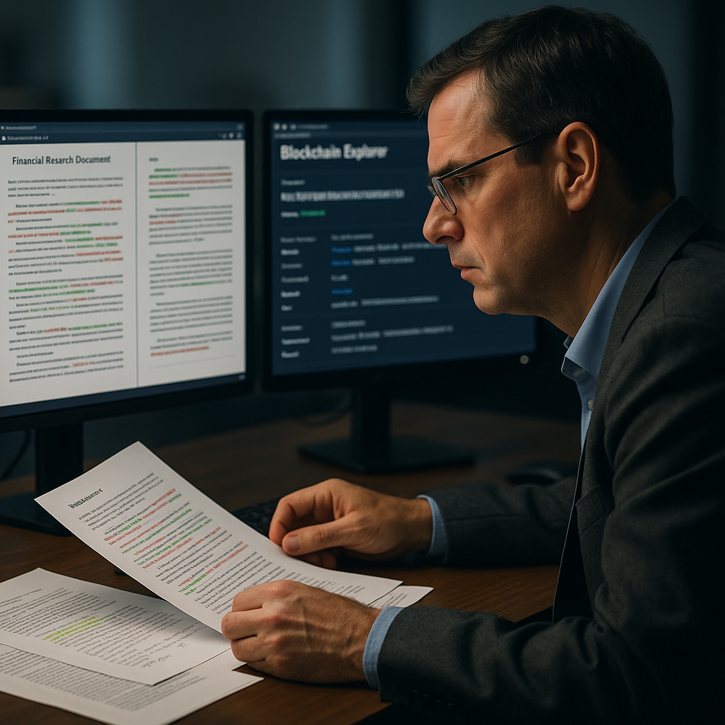 Compliance officer reviewing conflicting financial documents and blockchain record on dual monitors