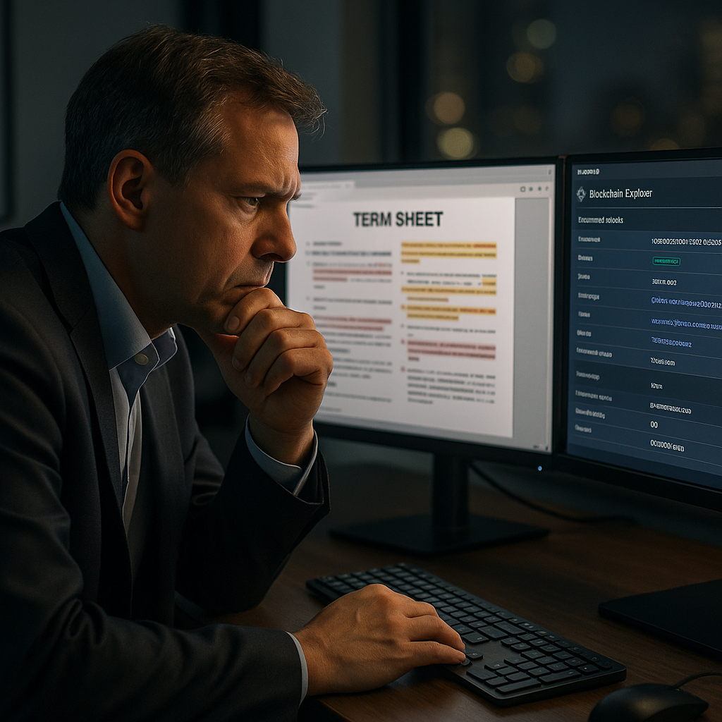 Compliance officer reviewing conflicting term sheets and blockchain timestamp evidence on dual monitors