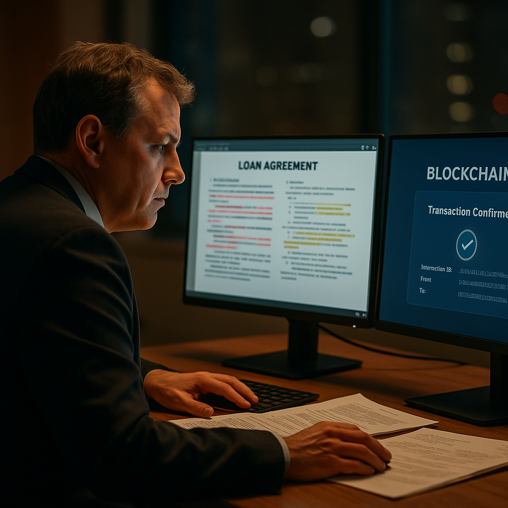 Compliance officer reviewing conflicting loan agreements with blockchain verification on screen