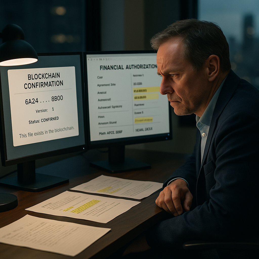 Compliance officer reviewing conflicting financial authorization documents on dual monitors