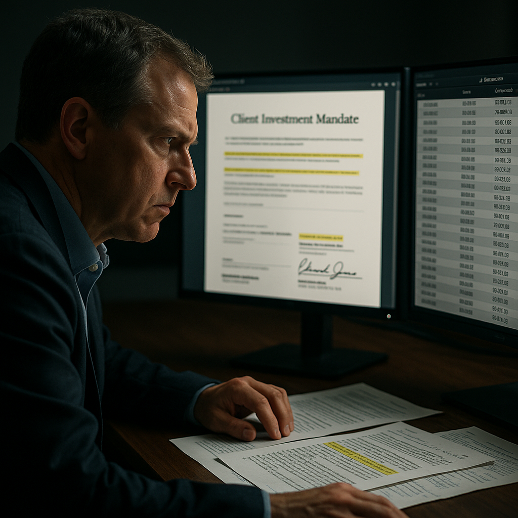 Financial analyst reviewing timestamped mandate and trade logs on dual monitors