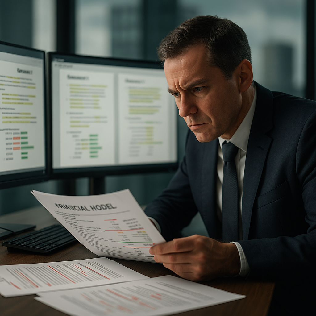 Regulator reviewing conflicting financial model documents on dual monitors