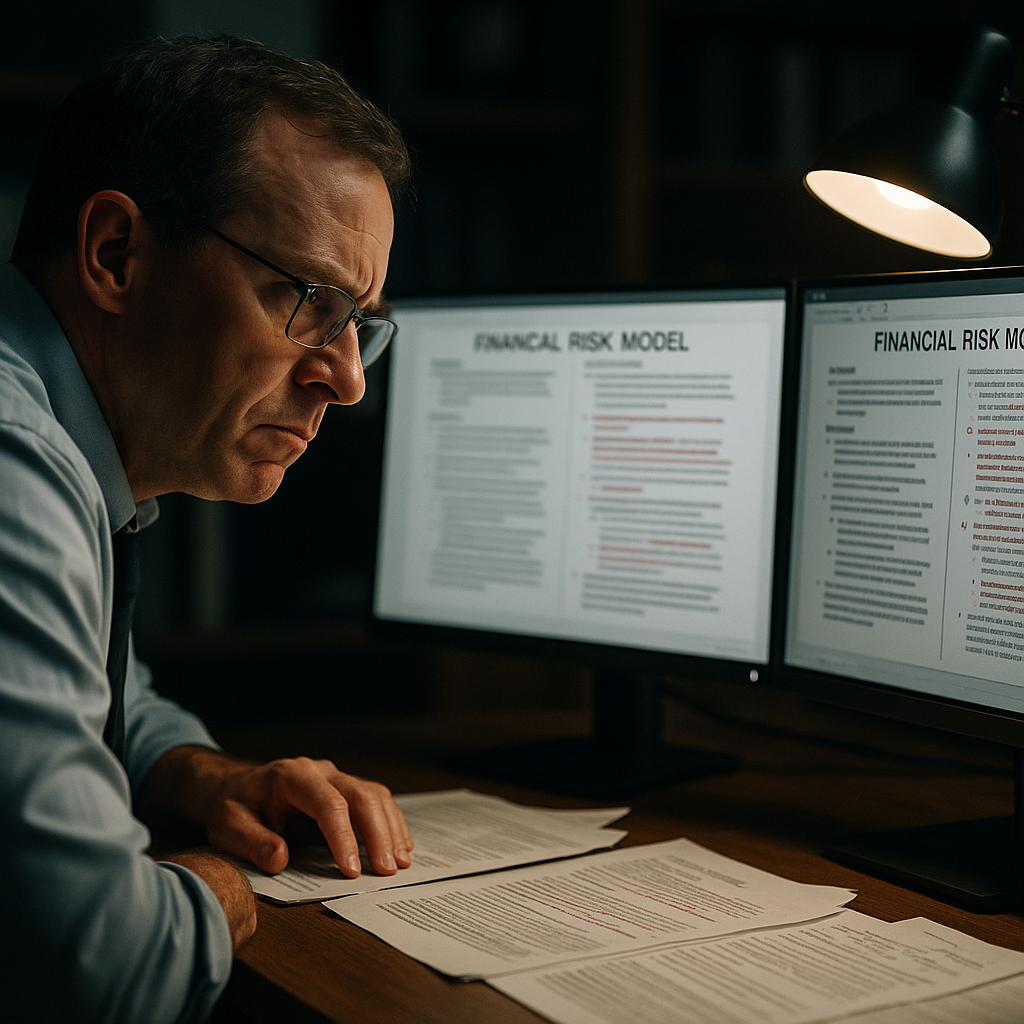 Compliance officer reviewing conflicting financial model documents on dual monitors.