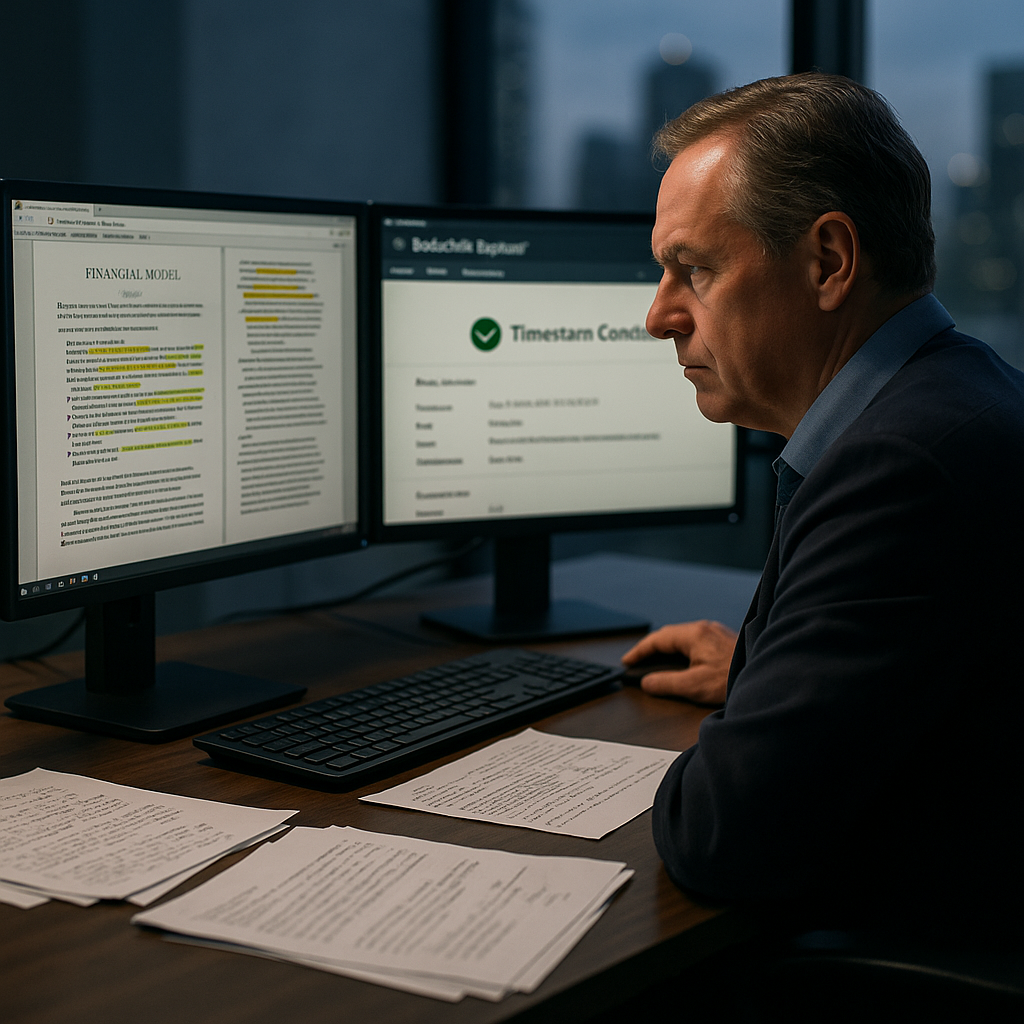 Auditor reviewing financial documents and blockchain timestamp on dual monitors during regulatory investigation