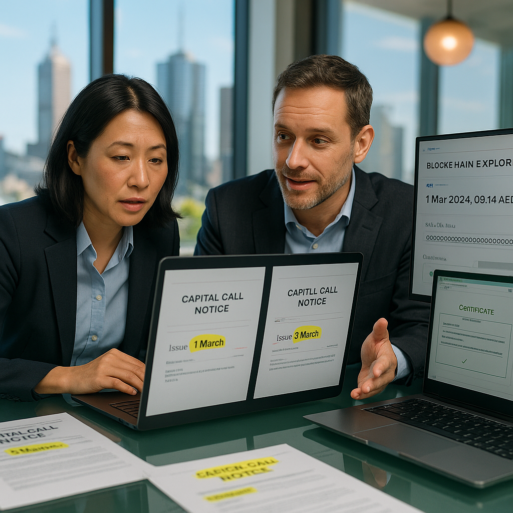 Finance professionals comparing two capital call notices with blockchain timestamp verification on screen