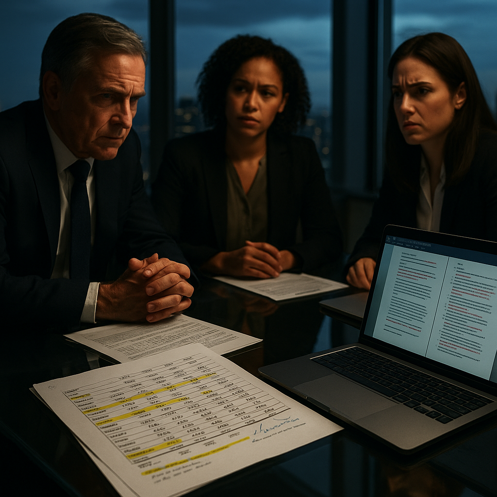 Executives reviewing marked financial documents during tense boardroom dispute