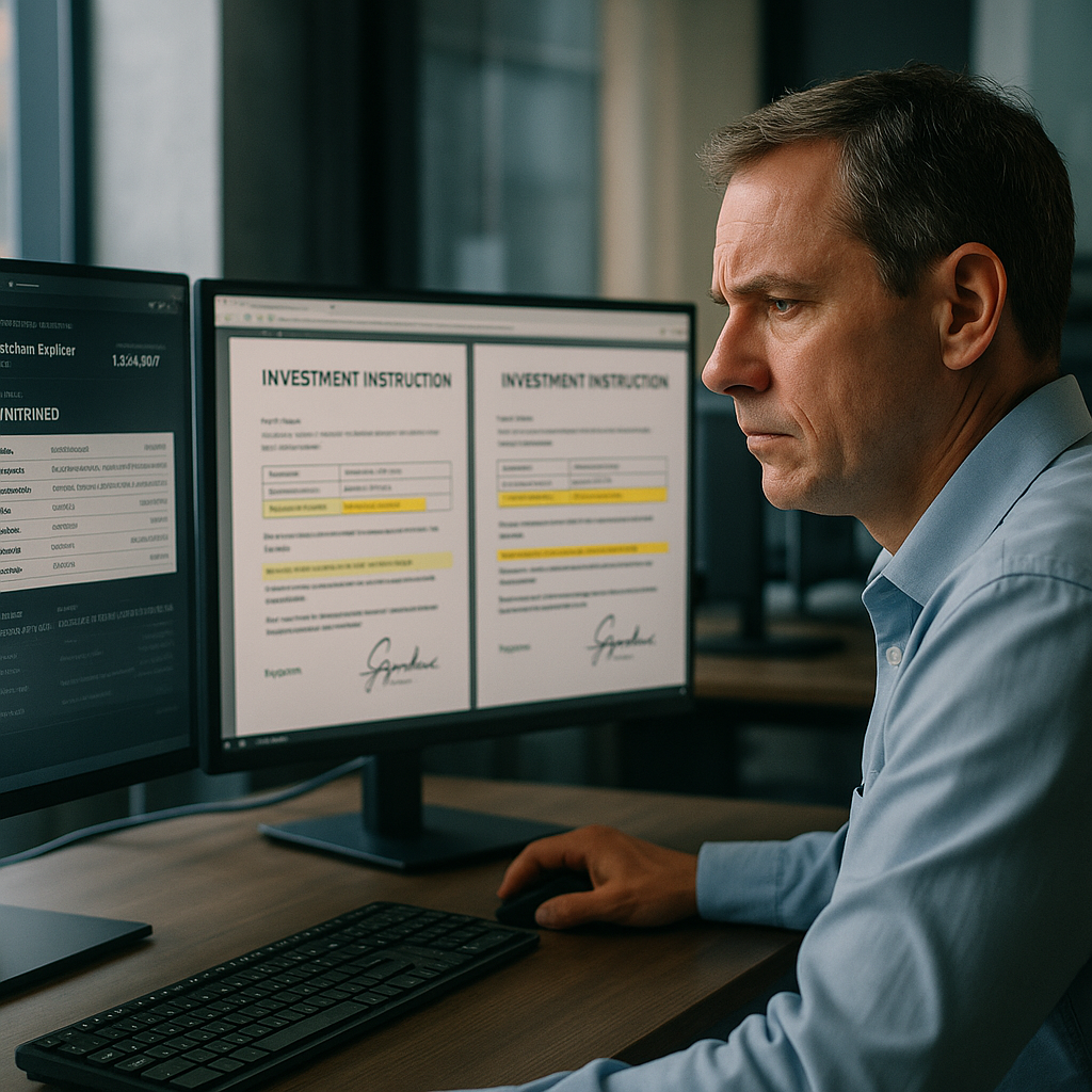 Compliance officer reviewing conflicting investment documents with blockchain confirmation on screen