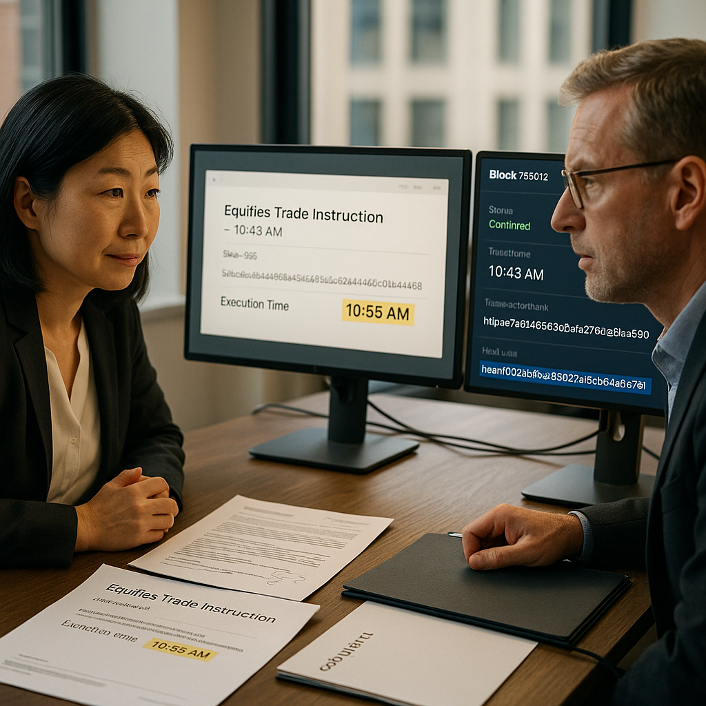 Compliance officer verifying trade instruction timestamp against blockchain record in modern office